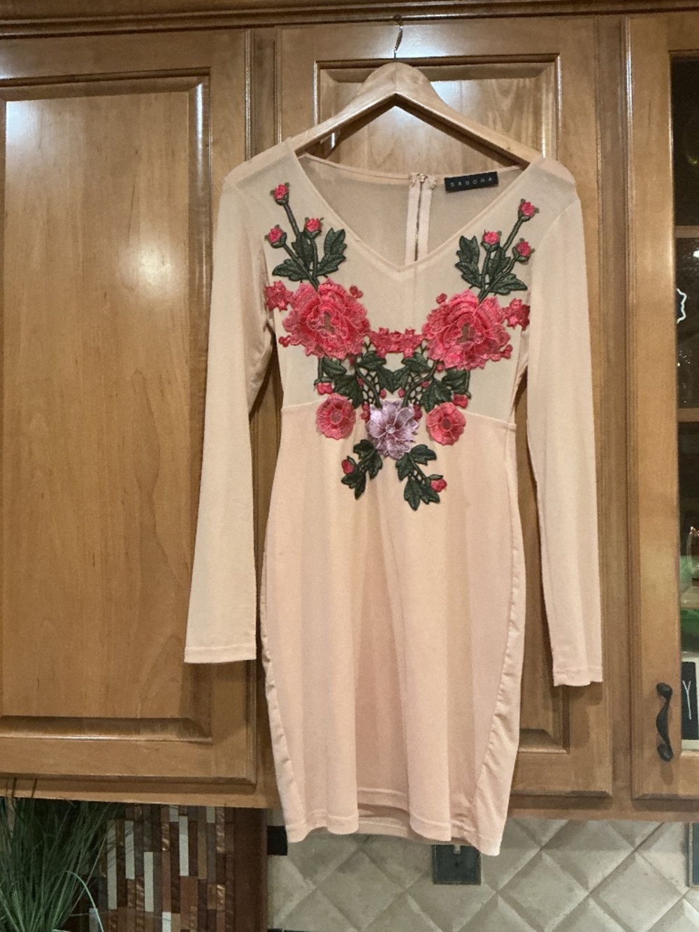 Peach mini dress with embroidered flowers